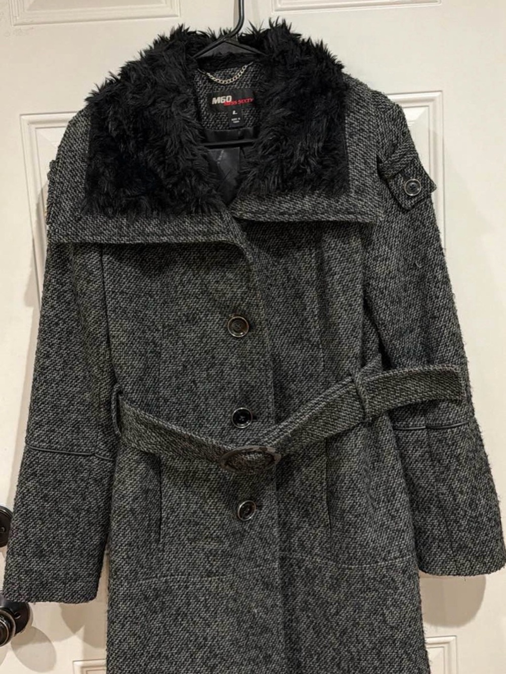 Miss Sixty Gray Tweed Belted Trench Coat with Black Faux Fur Collar
